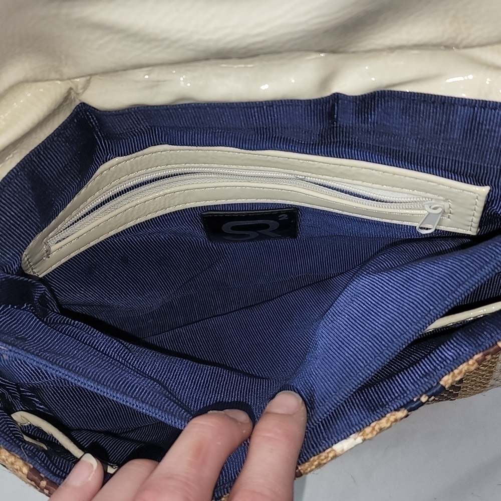 70s Canvas & Leather Turn Lock Satchel Crossbody Handbag Striped Neutral Boho - Picture 8 of 11
